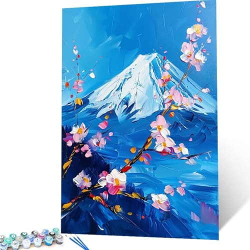 Malen Nach Zahlen Erwachsene Berg Fuji, DIY Malen Nach Zahlen Blume für Anfänger und Kinder, Bastelset Erwachsene mit Leinwand 3-Pinseln Acrylpigment für Deko Wohnzimmer, Ohne Rahmen 60x80cm 6-Y von ZXYETTBD