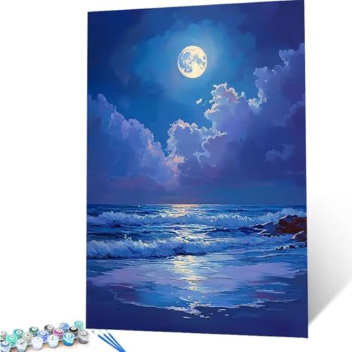 Malen Nach Zahlen Erwachsene Mond, DIY Malen Nach Zahlen Strand für Anfänger und Kinder, Bastelset Erwachsene mit Leinwand 3-Pinseln Acrylpigment für Deko Wohnzimmer Geschenk, Ohne Rahmen 50x65cm n-8 von ZXYETTBD