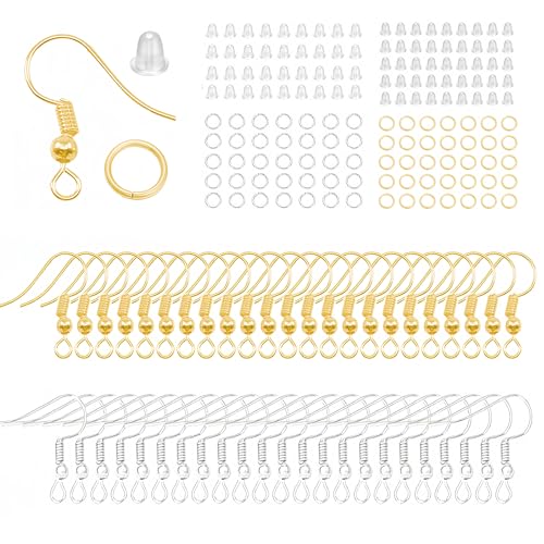 200 Stück Ohrring Haken, 925 Ohrringe Selber Machen Set Hypoallergene, Ohrringe Selber Machen mit Durchsichtigen Gummi Ohrstopper und Spule, Ohrhänger Ohrhaken Schmuckherstellung（Silber, Gold） von ZYBLSSBB