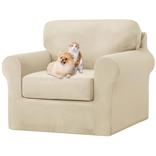 ZYBSLCSY Ektorp Sofabezug, Stretch Anti-Rutsch Couchbezug Mit Elastischen Riemen, Separatem Sitzkissenbezug Rückenlehnen Samtstoff Sofaschutz FüR Kinder, Haustiere (Beige,1 Seater 3pcs) von ZYBSLCSY