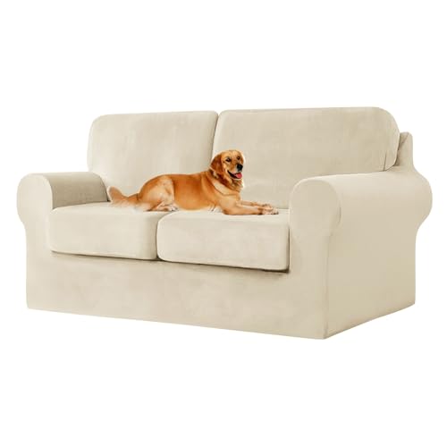 ZYBSLCSY Ektorp Sofabezug, Stretch Anti-Rutsch Couchbezug Mit Elastischen Riemen, Separatem Sitzkissenbezug Rückenlehnen Samtstoff Sofaschutz FüR Kinder, Haustiere (Beige,2 Seater 5pcs) von ZYBSLCSY