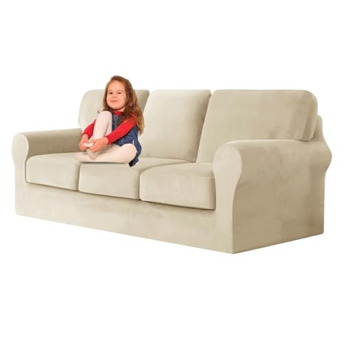 ZYBSLCSY Ektorp Sofabezug, Stretch Anti-Rutsch Couchbezug Mit Elastischen Riemen, Separatem Sitzkissenbezug Rückenlehnen Samtstoff Sofaschutz FüR Kinder, Haustiere (Beige,3 Seater 7pcs) von ZYBSLCSY