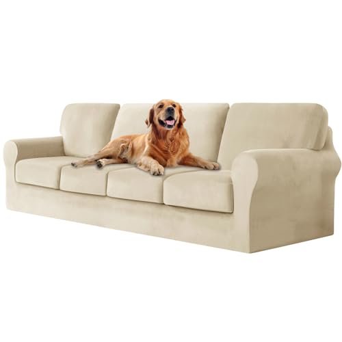 ZYBSLCSY Ektorp Sofabezug, Stretch Anti-Rutsch Couchbezug Mit Elastischen Riemen, Separatem Sitzkissenbezug Rückenlehnen Samtstoff Sofaschutz FüR Kinder, Haustiere (Beige,4 Seater 9pcs) von ZYBSLCSY