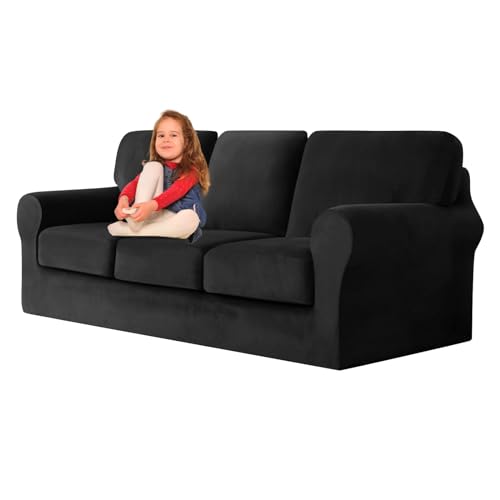 ZYBSLCSY Ektorp Sofabezug, Stretch Anti-Rutsch Couchbezug Mit Elastischen Riemen, Separatem Sitzkissenbezug Rückenlehnen Samtstoff Sofaschutz FüR Kinder, Haustiere (Black,3 Seater 7pcs) von ZYBSLCSY