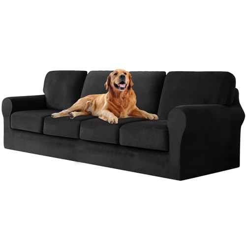 ZYBSLCSY Ektorp Sofabezug, Stretch Anti-Rutsch Couchbezug Mit Elastischen Riemen, Separatem Sitzkissenbezug Rückenlehnen Samtstoff Sofaschutz FüR Kinder, Haustiere (Black,4 Seater 9pcs) von ZYBSLCSY