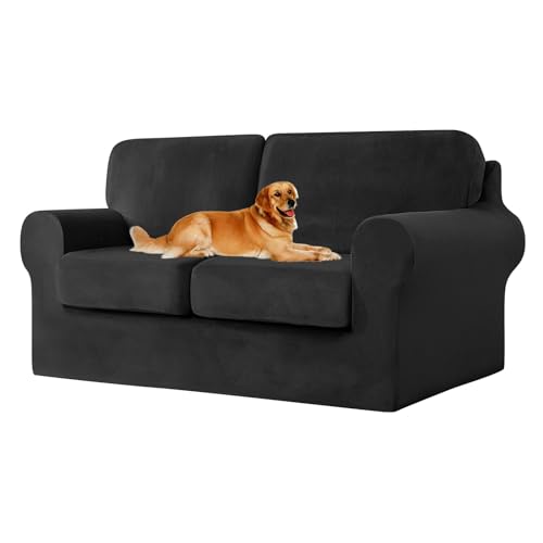 ZYBSLCSY Ektorp Sofabezug, Stretch Anti-Rutsch Couchbezug Mit Elastischen Riemen, Separatem Sitzkissenbezug Rückenlehnen Samtstoff Sofaschutz FüR Kinder, Haustiere (Black,Large 2 Seater 5pcs) von ZYBSLCSY