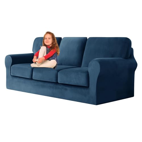 ZYBSLCSY Ektorp Sofabezug, Stretch Anti-Rutsch Couchbezug Mit Elastischen Riemen, Separatem Sitzkissenbezug Rückenlehnen Samtstoff Sofaschutz FüR Kinder, Haustiere (Blue,3 Seater 7pcs) von ZYBSLCSY