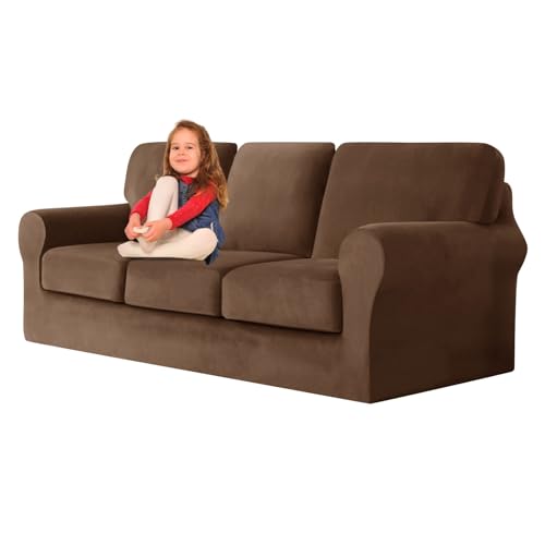 ZYBSLCSY Ektorp Sofabezug, Stretch Anti-Rutsch Couchbezug Mit Elastischen Riemen, Separatem Sitzkissenbezug Rückenlehnen Samtstoff Sofaschutz FüR Kinder, Haustiere (Brown,3 Seater 7pcs) von ZYBSLCSY