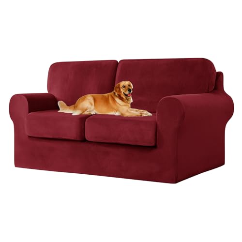 ZYBSLCSY Ektorp Sofabezug, Stretch Anti-Rutsch Couchbezug Mit Elastischen Riemen, Separatem Sitzkissenbezug Rückenlehnen Samtstoff Sofaschutz FüR Kinder, Haustiere (Burgundy,2 Seater 5pcs) von ZYBSLCSY