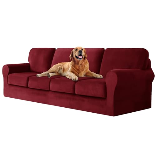 ZYBSLCSY Ektorp Sofabezug, Stretch Anti-Rutsch Couchbezug Mit Elastischen Riemen, Separatem Sitzkissenbezug Rückenlehnen Samtstoff Sofaschutz FüR Kinder, Haustiere (Burgundy,4 Seater 9pcs) von ZYBSLCSY