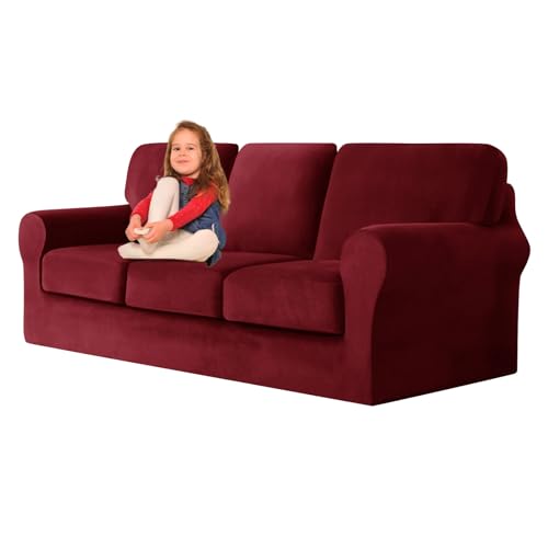 ZYBSLCSY Ektorp Sofabezug, Stretch Anti-Rutsch Couchbezug Mit Elastischen Riemen, Separatem Sitzkissenbezug Rückenlehnen Samtstoff Sofaschutz FüR Kinder, Haustiere (Burgundy,Large 3 Seater 7pcs) von ZYBSLCSY