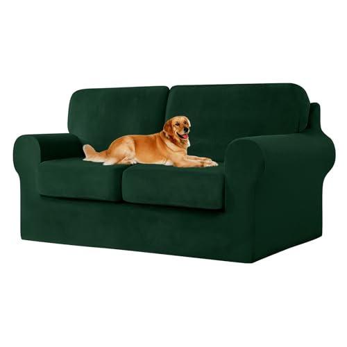 ZYBSLCSY Ektorp Sofabezug, Stretch Anti-Rutsch Couchbezug Mit Elastischen Riemen, Separatem Sitzkissenbezug Rückenlehnen Samtstoff Sofaschutz FüR Kinder, Haustiere (Dark Green,2 Seater 5pcs) von ZYBSLCSY