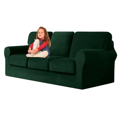 ZYBSLCSY Ektorp Sofabezug, Stretch Anti-Rutsch Couchbezug Mit Elastischen Riemen, Separatem Sitzkissenbezug Rückenlehnen Samtstoff Sofaschutz FüR Kinder, Haustiere (Dark Green,3 Seater 7pcs) von ZYBSLCSY