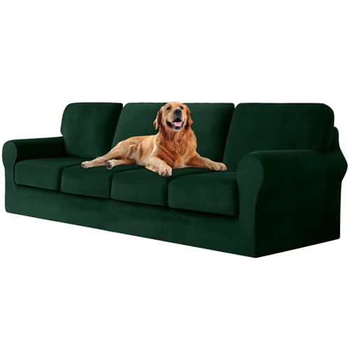 ZYBSLCSY Ektorp Sofabezug, Stretch Anti-Rutsch Couchbezug Mit Elastischen Riemen, Separatem Sitzkissenbezug Rückenlehnen Samtstoff Sofaschutz FüR Kinder, Haustiere (Dark Green,4 Seater 9pcs) von ZYBSLCSY