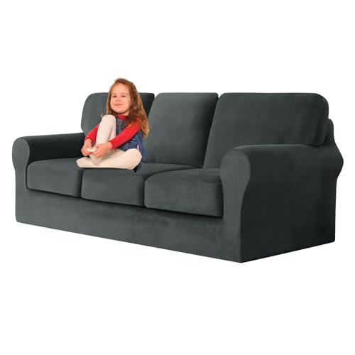 ZYBSLCSY Ektorp Sofabezug, Stretch Anti-Rutsch Couchbezug Mit Elastischen Riemen, Separatem Sitzkissenbezug Rückenlehnen Samtstoff Sofaschutz FüR Kinder, Haustiere (Dark Grey,3 Seater 7pcs) von ZYBSLCSY