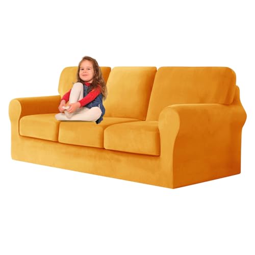 ZYBSLCSY Ektorp Sofabezug, Stretch Anti-Rutsch Couchbezug Mit Elastischen Riemen, Separatem Sitzkissenbezug Rückenlehnen Samtstoff Sofaschutz FüR Kinder, Haustiere (Golden,3 Seater 7pcs) von ZYBSLCSY