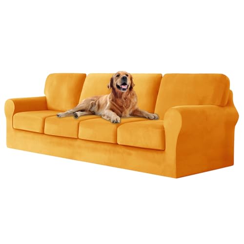 ZYBSLCSY Ektorp Sofabezug, Stretch Anti-Rutsch Couchbezug Mit Elastischen Riemen, Separatem Sitzkissenbezug Rückenlehnen Samtstoff Sofaschutz FüR Kinder, Haustiere (Golden,4 Seater 9pcs) von ZYBSLCSY