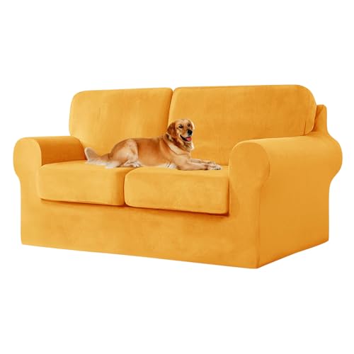 ZYBSLCSY Ektorp Sofabezug, Stretch Anti-Rutsch Couchbezug Mit Elastischen Riemen, Separatem Sitzkissenbezug Rückenlehnen Samtstoff Sofaschutz FüR Kinder, Haustiere (Golden,Large 3 Seater 5pcs) von ZYBSLCSY