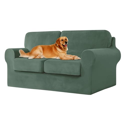 ZYBSLCSY Ektorp Sofabezug, Stretch Anti-Rutsch Couchbezug Mit Elastischen Riemen, Separatem Sitzkissenbezug Rückenlehnen Samtstoff Sofaschutz FüR Kinder, Haustiere (Green,2 Seater 5pcs) von ZYBSLCSY