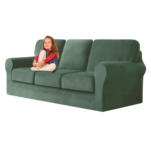 ZYBSLCSY Ektorp Sofabezug, Stretch Anti-Rutsch Couchbezug Mit Elastischen Riemen, Separatem Sitzkissenbezug Rückenlehnen Samtstoff Sofaschutz FüR Kinder, Haustiere (Green,3 Seater 7pcs) von ZYBSLCSY