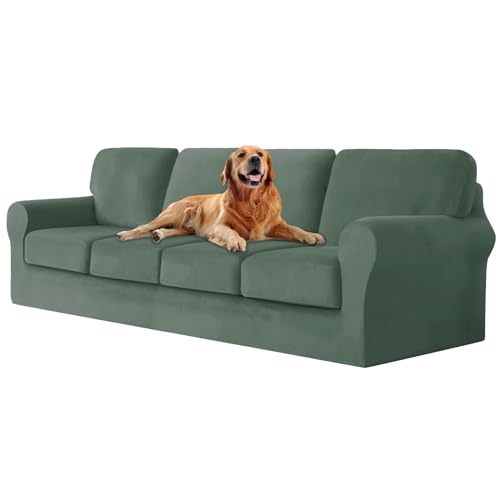 ZYBSLCSY Ektorp Sofabezug, Stretch Anti-Rutsch Couchbezug Mit Elastischen Riemen, Separatem Sitzkissenbezug Rückenlehnen Samtstoff Sofaschutz FüR Kinder, Haustiere (Green,4 Seater 9pcs) von ZYBSLCSY