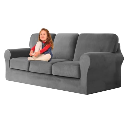 ZYBSLCSY Ektorp Sofabezug, Stretch Anti-Rutsch Couchbezug Mit Elastischen Riemen, Separatem Sitzkissenbezug Rückenlehnen Samtstoff Sofaschutz FüR Kinder, Haustiere (Grey,3 Seater 7pcs) von ZYBSLCSY