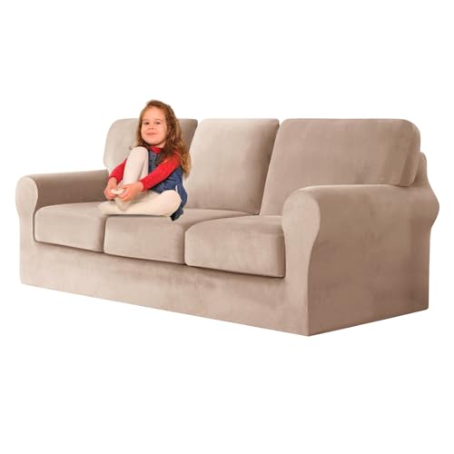 ZYBSLCSY Ektorp Sofabezug, Stretch Anti-Rutsch Couchbezug Mit Elastischen Riemen, Separatem Sitzkissenbezug Rückenlehnen Samtstoff Sofaschutz FüR Kinder, Haustiere (Khaki,3 Seater 7pcs) von ZYBSLCSY