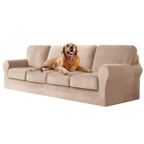 ZYBSLCSY Ektorp Sofabezug, Stretch Anti-Rutsch Couchbezug Mit Elastischen Riemen, Separatem Sitzkissenbezug Rückenlehnen Samtstoff Sofaschutz FüR Kinder, Haustiere (Khaki,4 Seater 9pcs) von ZYBSLCSY