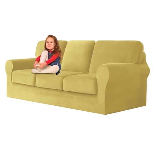 ZYBSLCSY Ektorp Sofabezug, Stretch Anti-Rutsch Couchbezug Mit Elastischen Riemen, Separatem Sitzkissenbezug Rückenlehnen Samtstoff Sofaschutz FüR Kinder, Haustiere (Lemon,3 Seater 7pcs) von ZYBSLCSY