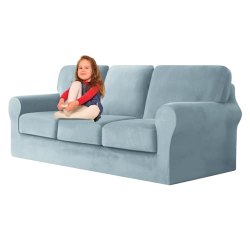 ZYBSLCSY Ektorp Sofabezug, Stretch Anti-Rutsch Couchbezug Mit Elastischen Riemen, Separatem Sitzkissenbezug Rückenlehnen Samtstoff Sofaschutz FüR Kinder, Haustiere (Light Blue,3 Seater 7pcs) von ZYBSLCSY