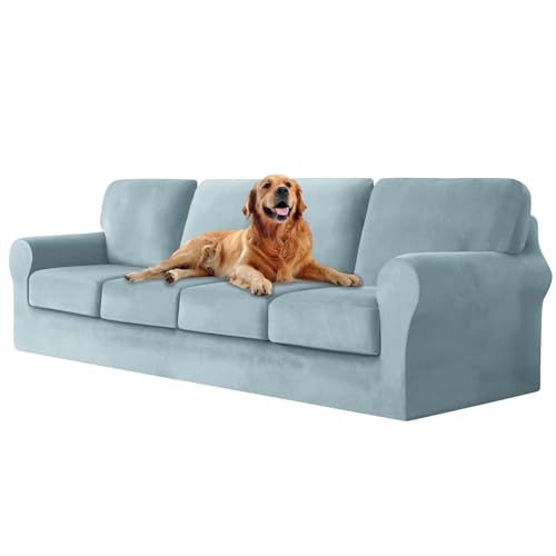 ZYBSLCSY Ektorp Sofabezug, Stretch Anti-Rutsch Couchbezug Mit Elastischen Riemen, Separatem Sitzkissenbezug Rückenlehnen Samtstoff Sofaschutz FüR Kinder, Haustiere (Light Blue,4 Seater 9pcs) von ZYBSLCSY