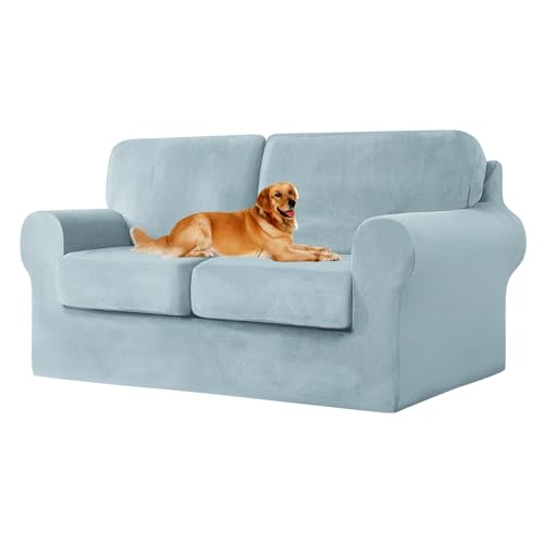 ZYBSLCSY Ektorp Sofabezug, Stretch Anti-Rutsch Couchbezug Mit Elastischen Riemen, Separatem Sitzkissenbezug Rückenlehnen Samtstoff Sofaschutz FüR Kinder, Haustiere (Light Blue,Large 2 Seater 5pcs) von ZYBSLCSY