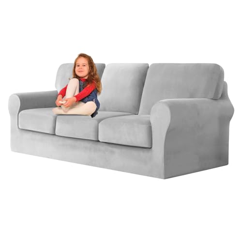 ZYBSLCSY Ektorp Sofabezug, Stretch Anti-Rutsch Couchbezug Mit Elastischen Riemen, Separatem Sitzkissenbezug Rückenlehnen Samtstoff Sofaschutz FüR Kinder, Haustiere (Light Grey,3 Seater 7pcs) von ZYBSLCSY