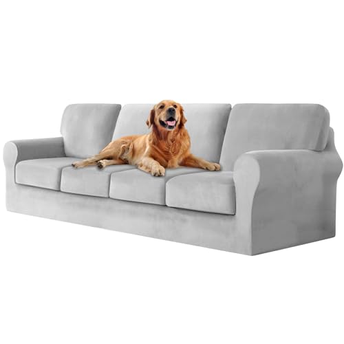 ZYBSLCSY Ektorp Sofabezug, Stretch Anti-Rutsch Couchbezug Mit Elastischen Riemen, Separatem Sitzkissenbezug Rückenlehnen Samtstoff Sofaschutz FüR Kinder, Haustiere (Light Grey,4 Seater 9pcs) von ZYBSLCSY