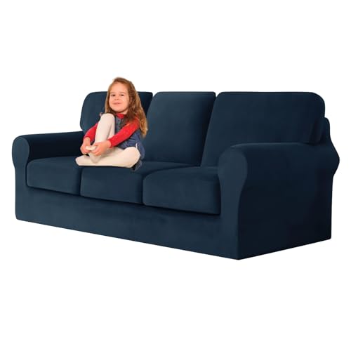 ZYBSLCSY Ektorp Sofabezug, Stretch Anti-Rutsch Couchbezug Mit Elastischen Riemen, Separatem Sitzkissenbezug Rückenlehnen Samtstoff Sofaschutz FüR Kinder, Haustiere (Navy Blue,3 Seater 7pcs) von ZYBSLCSY