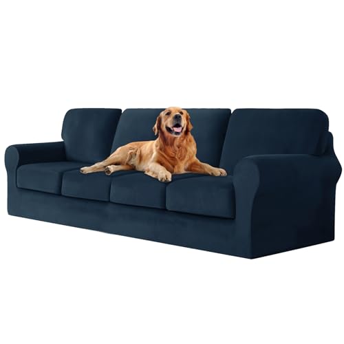 ZYBSLCSY Ektorp Sofabezug, Stretch Anti-Rutsch Couchbezug Mit Elastischen Riemen, Separatem Sitzkissenbezug Rückenlehnen Samtstoff Sofaschutz FüR Kinder, Haustiere (Navy Blue,4 Seater 9pcs) von ZYBSLCSY