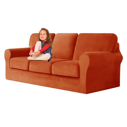 ZYBSLCSY Ektorp Sofabezug, Stretch Anti-Rutsch Couchbezug Mit Elastischen Riemen, Separatem Sitzkissenbezug Rückenlehnen Samtstoff Sofaschutz FüR Kinder, Haustiere (Orange,3 Seater 7pcs) von ZYBSLCSY