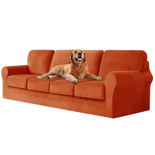 ZYBSLCSY Ektorp Sofabezug, Stretch Anti-Rutsch Couchbezug Mit Elastischen Riemen, Separatem Sitzkissenbezug Rückenlehnen Samtstoff Sofaschutz FüR Kinder, Haustiere (Orange,Large 4 Seater 9pcs) von ZYBSLCSY