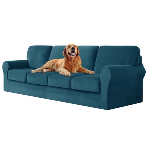 ZYBSLCSY Ektorp Sofabezug, Stretch Anti-Rutsch Couchbezug Mit Elastischen Riemen, Separatem Sitzkissenbezug Rückenlehnen Samtstoff Sofaschutz FüR Kinder, Haustiere (Peacock Blue,4 Seater 9pcs) von ZYBSLCSY