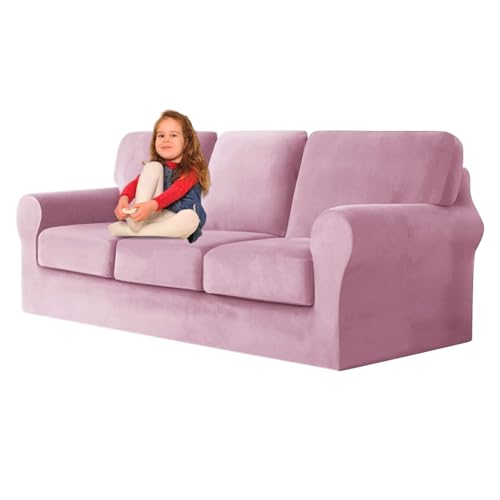 ZYBSLCSY Ektorp Sofabezug, Stretch Anti-Rutsch Couchbezug Mit Elastischen Riemen, Separatem Sitzkissenbezug Rückenlehnen Samtstoff Sofaschutz FüR Kinder, Haustiere (Pink,3 Seater 7pcs) von ZYBSLCSY