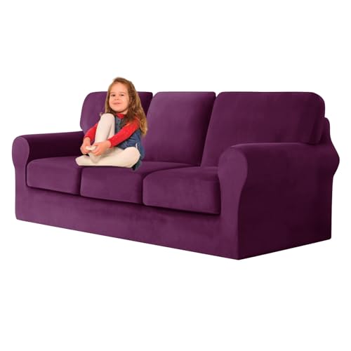 ZYBSLCSY Ektorp Sofabezug, Stretch Anti-Rutsch Couchbezug Mit Elastischen Riemen, Separatem Sitzkissenbezug Rückenlehnen Samtstoff Sofaschutz FüR Kinder, Haustiere (Purple,3 Seater 7pcs) von ZYBSLCSY