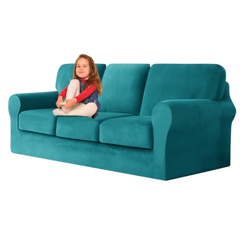 ZYBSLCSY Ektorp Sofabezug, Stretch Anti-Rutsch Couchbezug Mit Elastischen Riemen, Separatem Sitzkissenbezug Rückenlehnen Samtstoff Sofaschutz FüR Kinder, Haustiere (Turquoise Blue,3 Seater 7pcs) von ZYBSLCSY