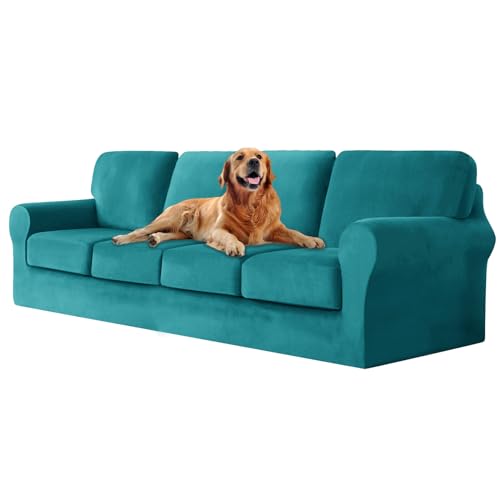 ZYBSLCSY Ektorp Sofabezug, Stretch Anti-Rutsch Couchbezug Mit Elastischen Riemen, Separatem Sitzkissenbezug Rückenlehnen Samtstoff Sofaschutz FüR Kinder, Haustiere (Turquoise Blue,4 Seater 9pcs) von ZYBSLCSY