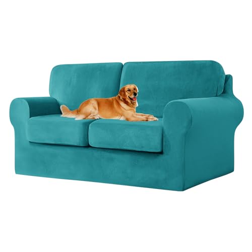 ZYBSLCSY Ektorp Sofabezug, Stretch Anti-Rutsch Couchbezug Mit Elastischen Riemen, Separatem Sitzkissenbezug Rückenlehnen Samtstoff Sofaschutz FüR Kinder, Haustiere (Turquoise Blue,Large 2 seater 5pcs) von ZYBSLCSY