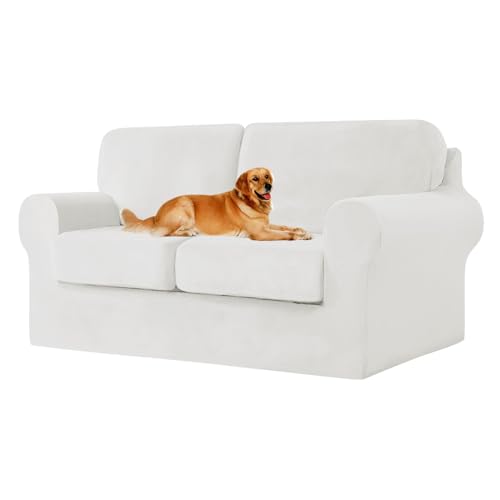 ZYBSLCSY Ektorp Sofabezug, Stretch Anti-Rutsch Couchbezug Mit Elastischen Riemen, Separatem Sitzkissenbezug Rückenlehnen Samtstoff Sofaschutz FüR Kinder, Haustiere (White,Large 2 Seater 5pcs) von ZYBSLCSY