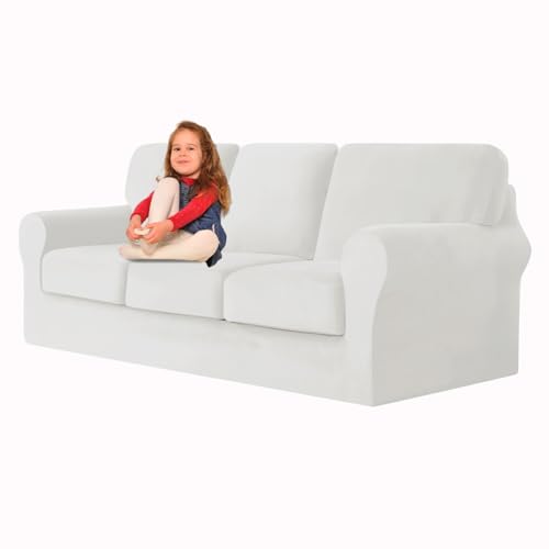 ZYBSLCSY Ektorp Sofabezug, Stretch Anti-Rutsch Couchbezug Mit Elastischen Riemen, Separatem Sitzkissenbezug Rückenlehnen Samtstoff Sofaschutz FüR Kinder, Haustiere (White,Large 3 Seater 7pcs) von ZYBSLCSY