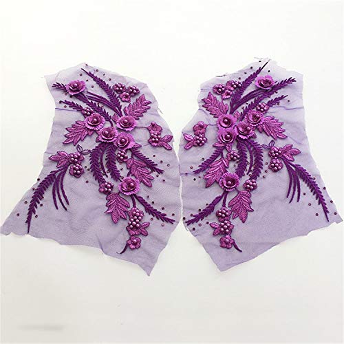 3D-Stickerei-Aufnäher, 3D-Blumen-Spitzen-Applikation mit Perlen, Stickerei-Spitzen-Motiv-Aufnäher, Näh-Applikationen for Hochzeitskleid, Kleid, Schleier, Fransen, 1 Paar(Purple) von ZYDKDA