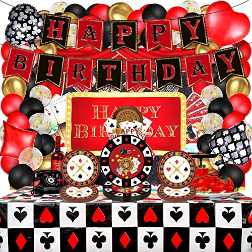 87-teiliges Casino-Partyzubehör Las Vegas Happy Birthday Party-Geschirr-Set Casino-Nachtparty-Dekorationszubehör Pokerkartenspiel Club Herz Spaten Pappteller Serviettengabel für 16 Gäste von ZYDNANYANG