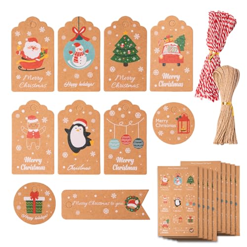 ZYDYRX 100 Stück Weihnachts Geschenkanhänger Hängeetiketten Christmas Tags Xmas Braun Kraftpapier Etiketten Anhänger mit Farbschnur und Jute Schnur für Weihnachtsdekoration Kunsthandwerk - B von ZYDYRX