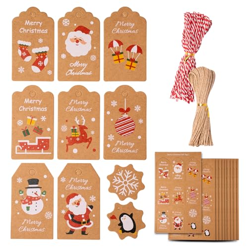 ZYDYRX 100 pcs Weihnachts Geschenkanhänger Hängeetiketten Christmas Tags 4 Formen Xmas Braun Kraftpapier Etiketten Anhänger mit Farbschnur und Jute Schnur für Weihnachtsdekoration Kunsthandwerk C von ZYDYRX